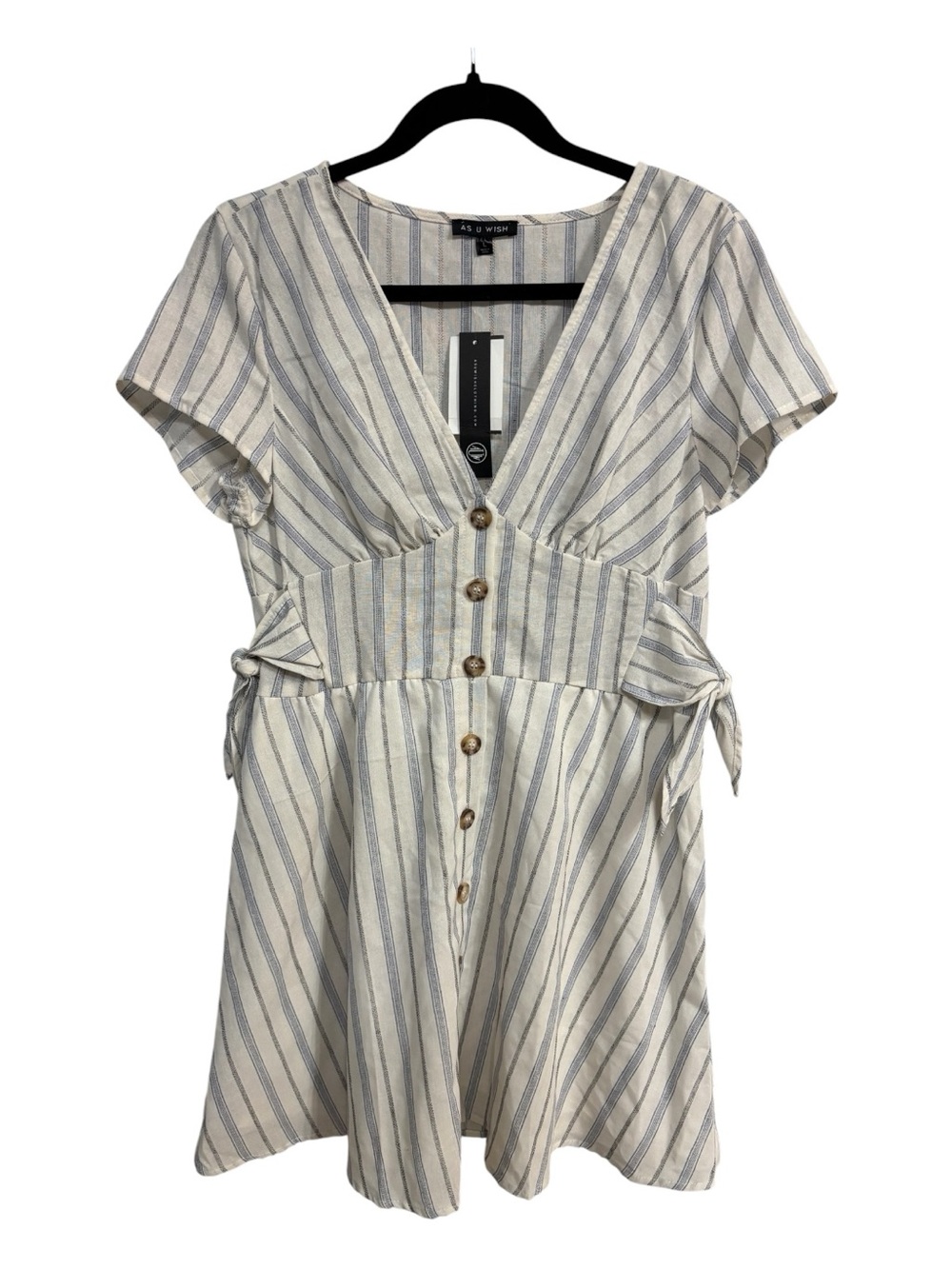 NWT As U Wish Cotton Blue and Ivory Striped Button-Front Mini Dress Sz L